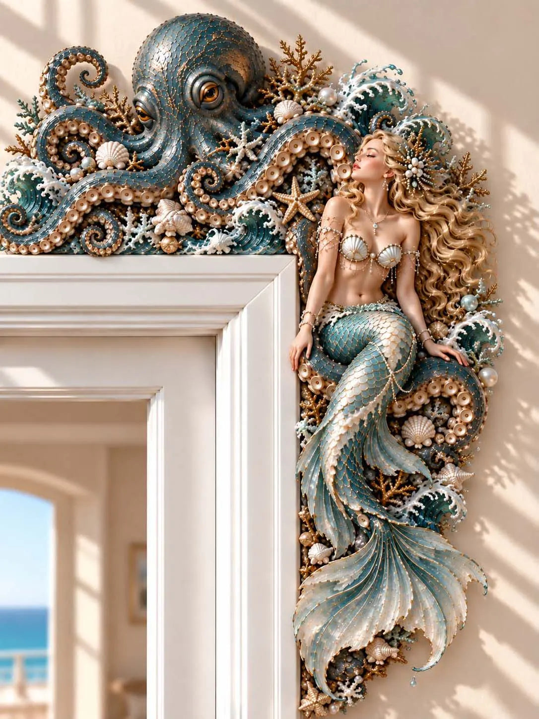 🐚 Blonde Mermaid & Giant Octopus Door Frame Decor
