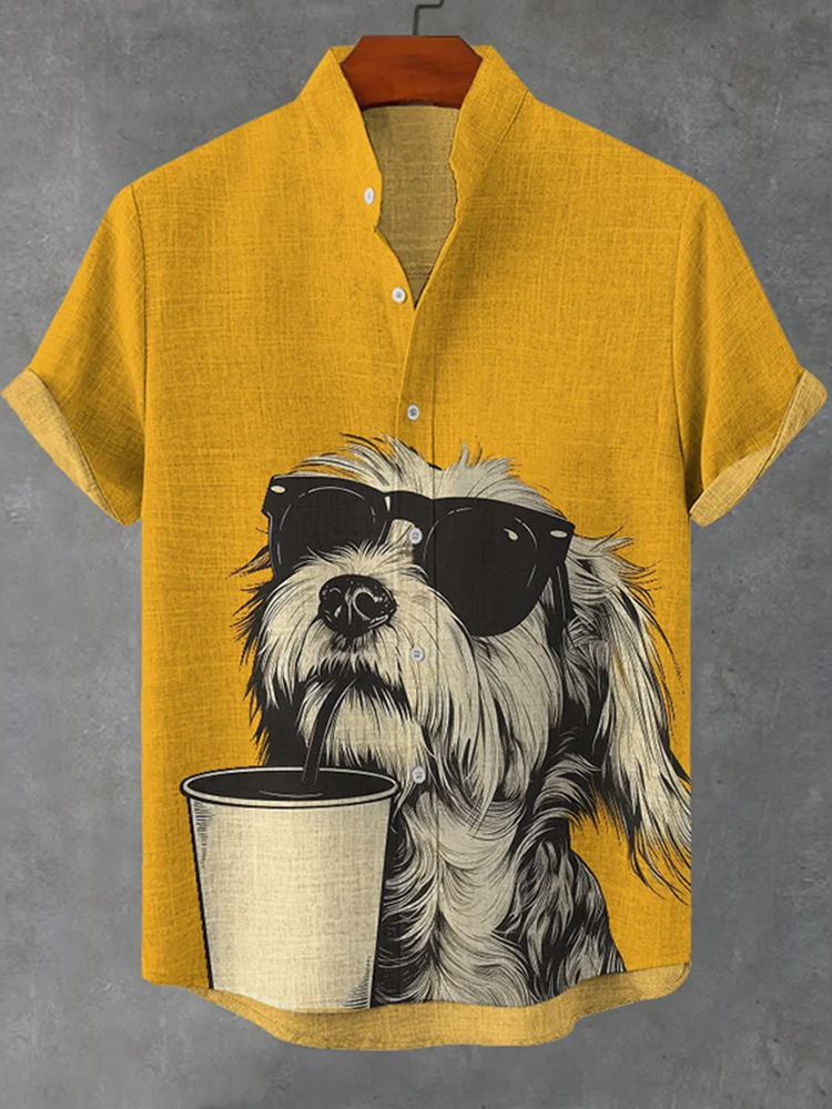 Men'S Funny Puppy Drinking Coffee Graphics Art Linen Blend Shirt