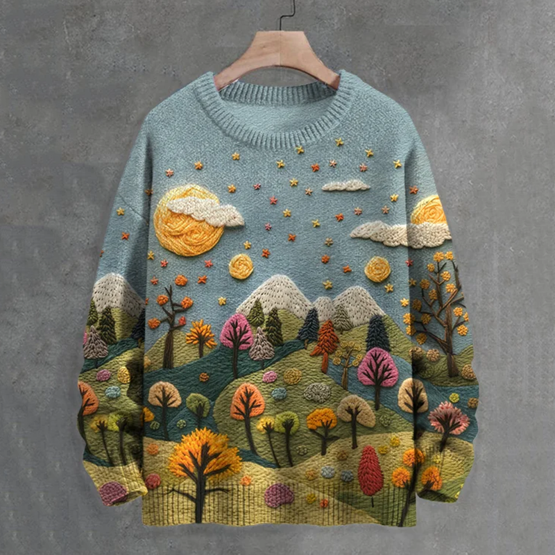 Men's Colored Forest Mountain View Embroidery Print Casual Knit Crew Neck Sweater