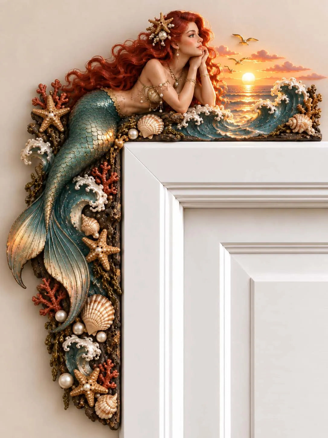 🧜‍♀️ Redhead Mermaid with Seashells and Starfish Door Corner Decor 🐚