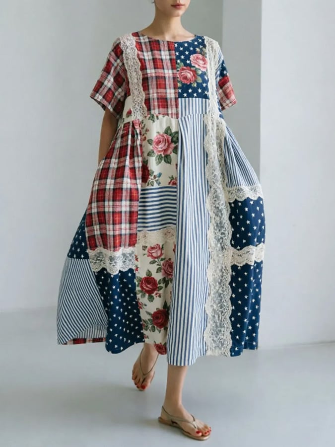 Women's Casual Patchwork Floral Print Short-Sleeve Dress