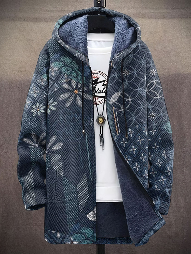 Vintage Japanese Traditional Sashiko Floral Art Pattern Art Cozy Hooded Cardigan