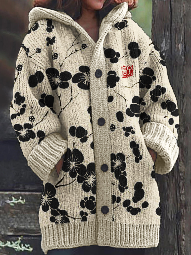 Cherry Blossom Japanese Lino Pattern Cozy Hooded Cardigan