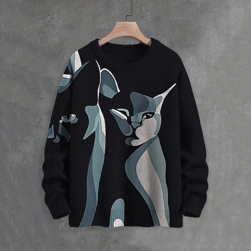 Men'S Abstract Geometric Cat Art Print Knit Sweatshirt