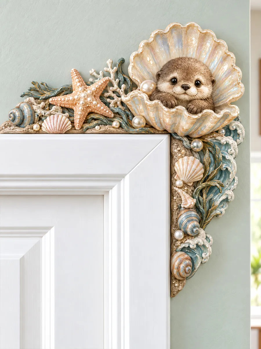 🦦 Sea Otter in Pearl Shell Door Frame Topper – Coastal Ocean Corner Decor