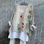 Women Bamboo And Goldfish Ink And Wash Printed V Neck Shirt