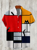 Men's Casual Retro Colorblock Mondrian Cat Graphics Ink Art Linen Blend Cozy Shirt