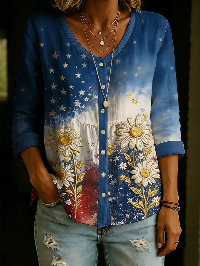 Women'S Casual Cotton-Linen Top With U.S. 250th Anniversary Print