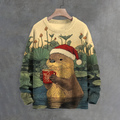 Men's Christmas Otter Drinks Coffee In The Pond Print Knit Sweatshirt