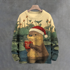 Men's Christmas Otter Drinks Coffee In The Pond Print Knit Sweatshirt