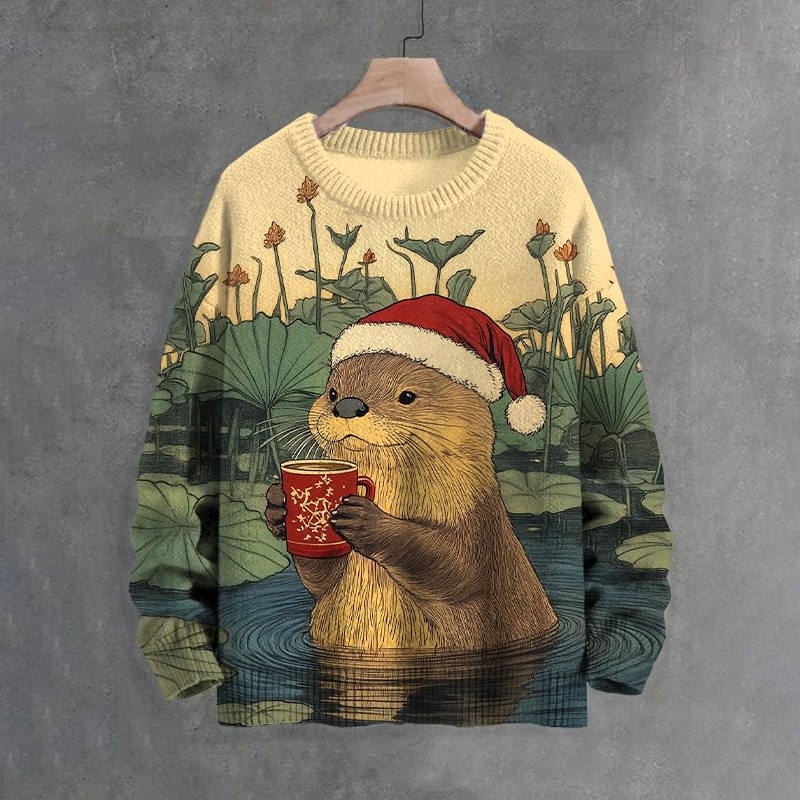Men's Christmas Otter Drinks Coffee In The Pond Print Knit Sweatshirt