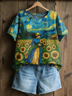 Women's Casual Oil Painting Cotton Linen Print Top