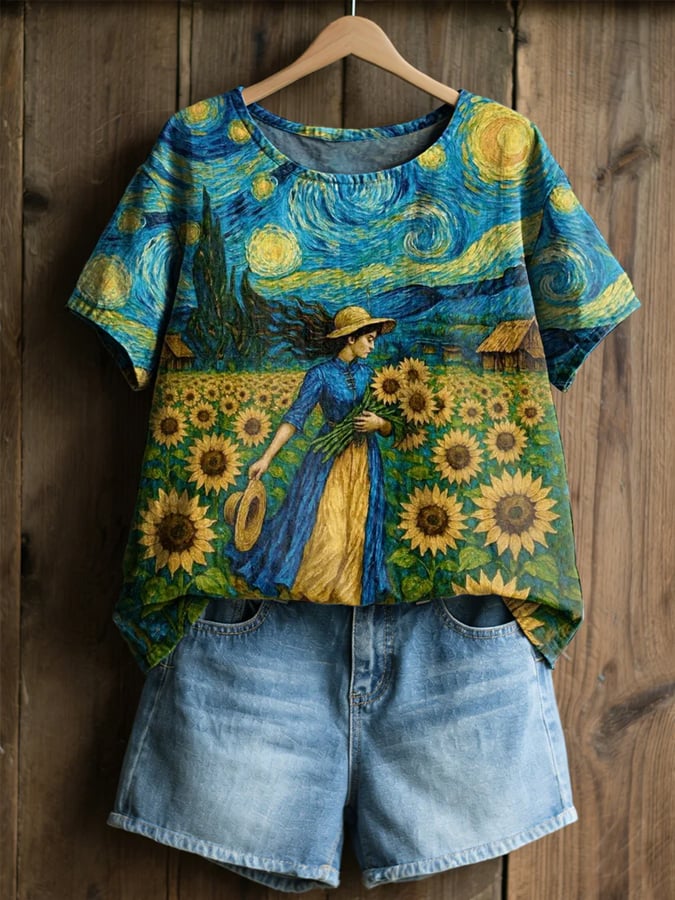 Women's Casual Oil Painting Cotton Linen Print Top