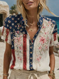 Women's Casual American 250th Anniversary Printed Cotton Linen Shirt