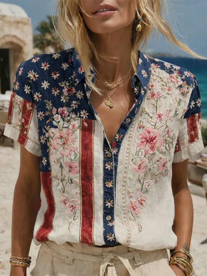 Women's Casual American 250th Anniversary Printed Cotton Linen Shirt