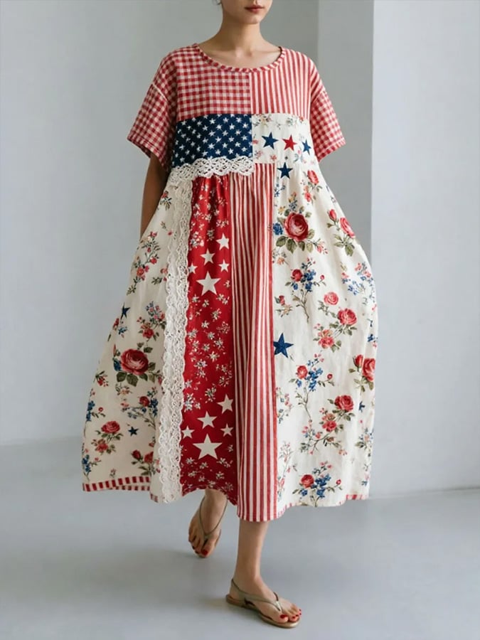 Women's Casual Patchwork Floral Print Short-Sleeve Dress