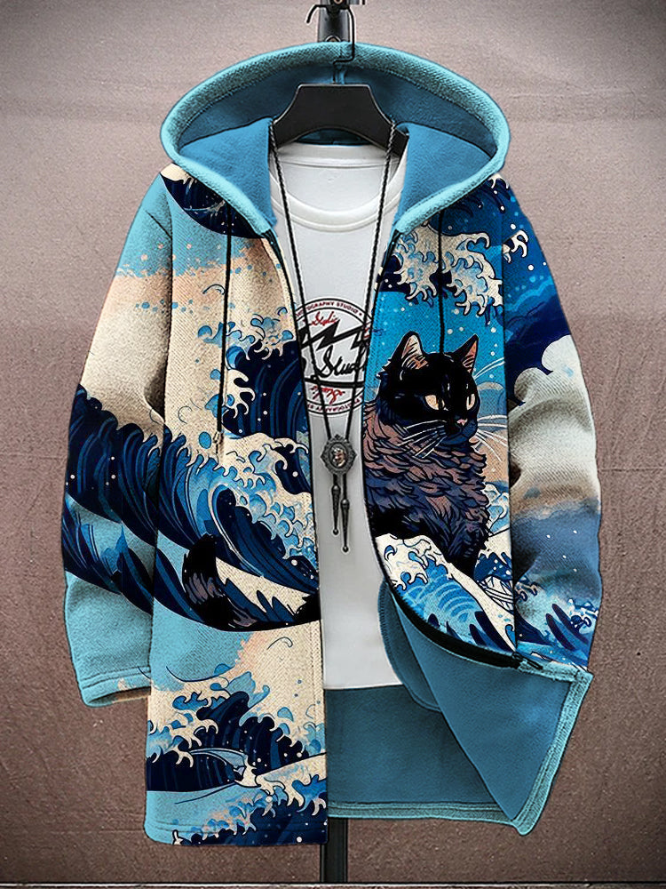Ocean & Japanese Cat Print Men's Hooded Jacket