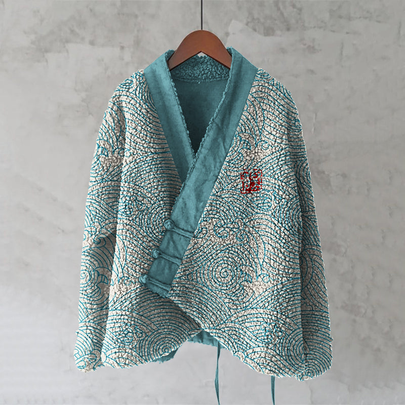 Japanese Wave Art Plush Kimono Cardigan