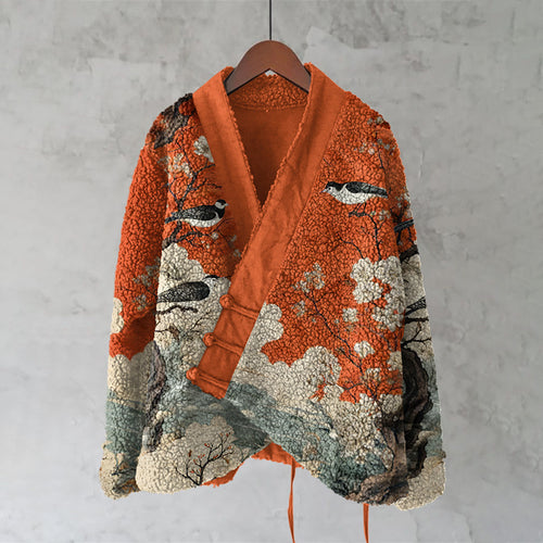 Japanese Flower And Bird Art Cozy Fleece Kimono Cardigan