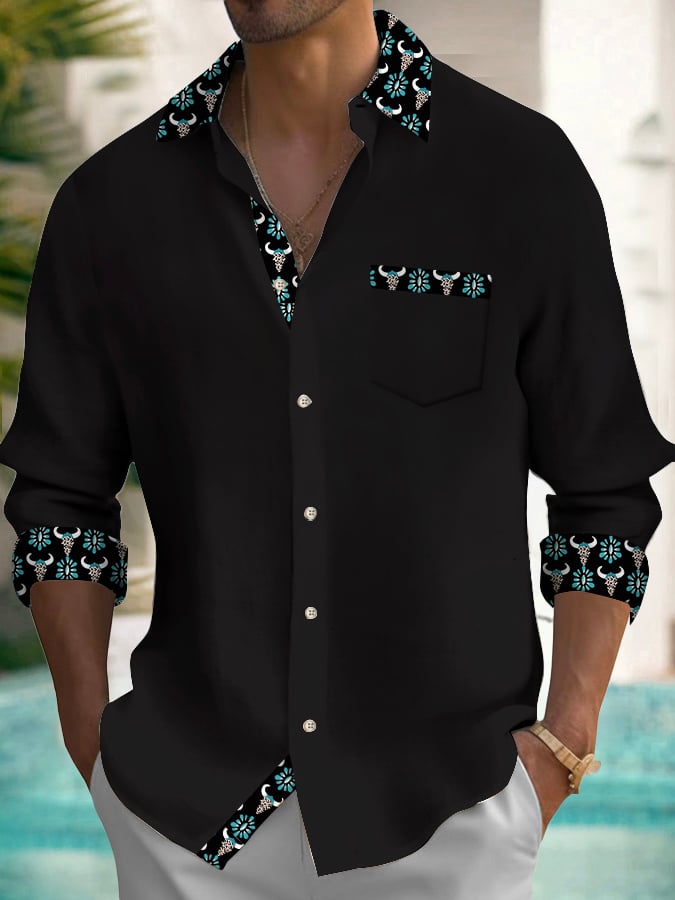 Men's Vintage Patchwork Pattern Long Sleeve Pocket Shirt