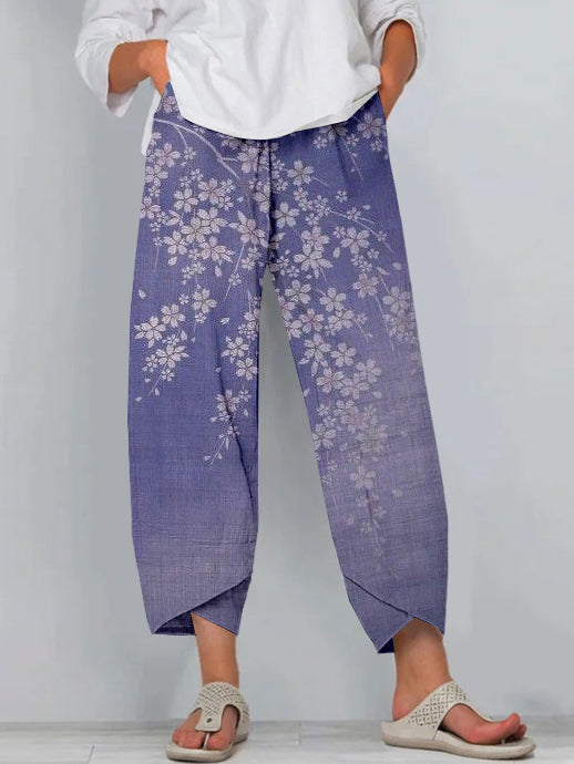 Vintage Japanese Cherry Blossoms Art Cropped Casual Pants