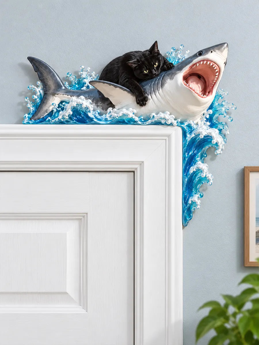 Funny Black Cat Riding Shark Door Frame Corner Decor