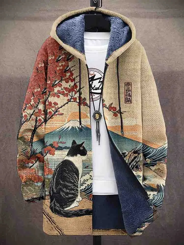 Men'S Japanese Cherry Blossom And Cat Print Plush Jacket
