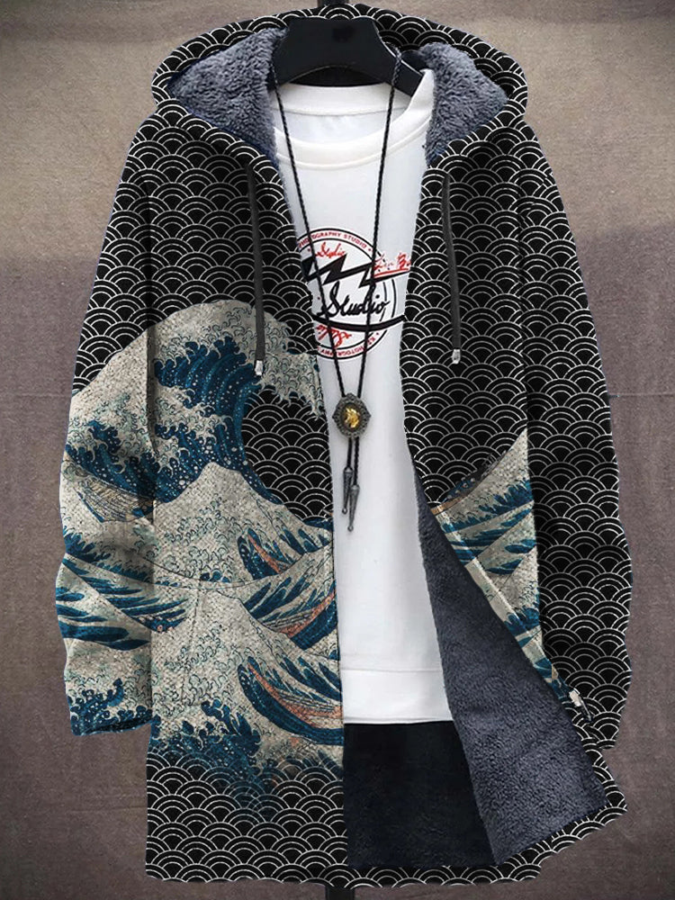 Men's Great Wave Japanese Art Cozy Hooded Cardigan