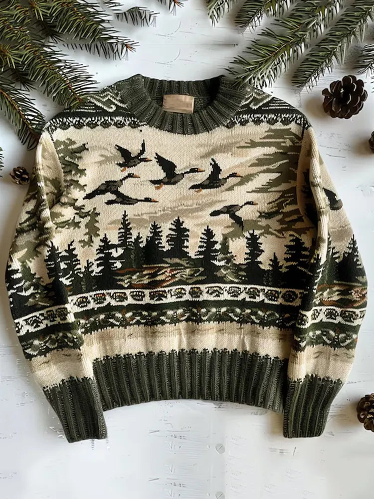 Vintage Forest And Birds Pattern Warmth Knitted Jacquard Unisex Sweater