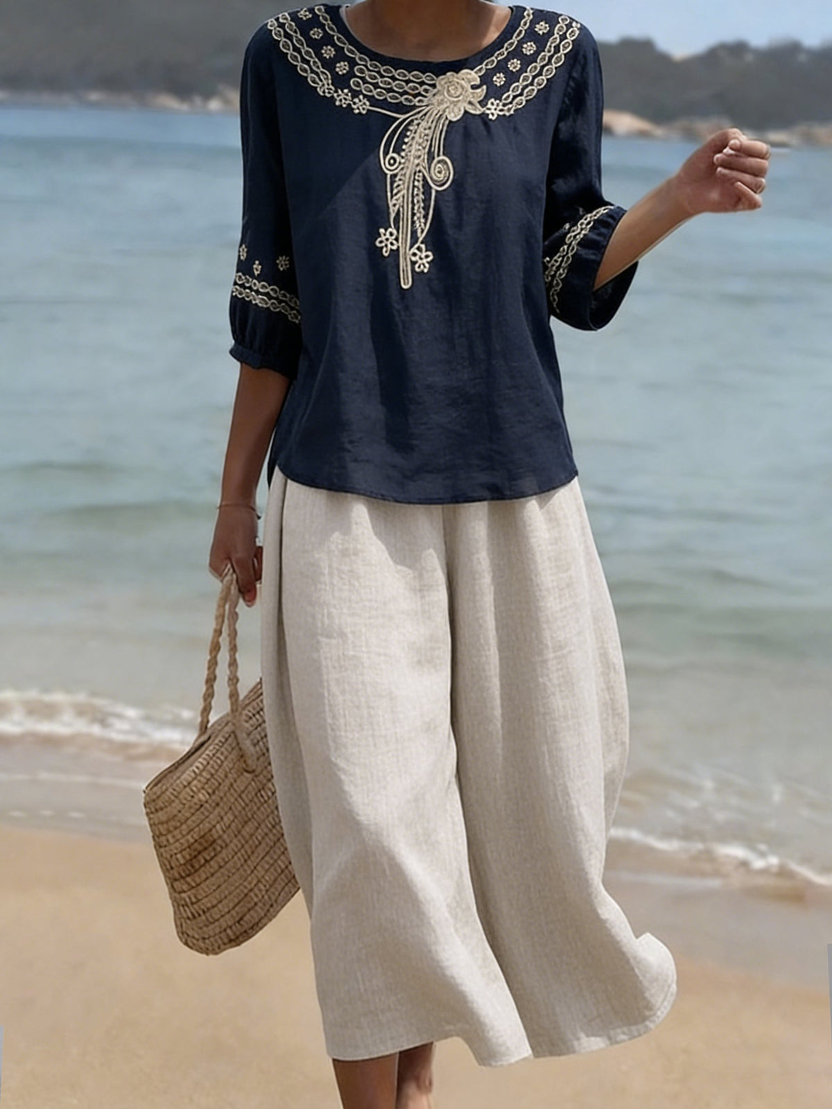 Women's Vintage Floral Embroidered Cotton Linen Two Piece Set