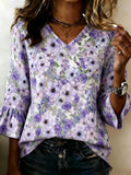 Women's casual purple floral cotton and linen top