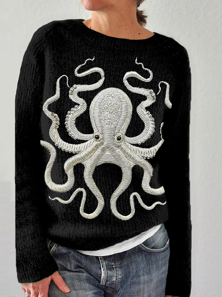 Ocean Octopus Embroidered Cozy Knit Sweater