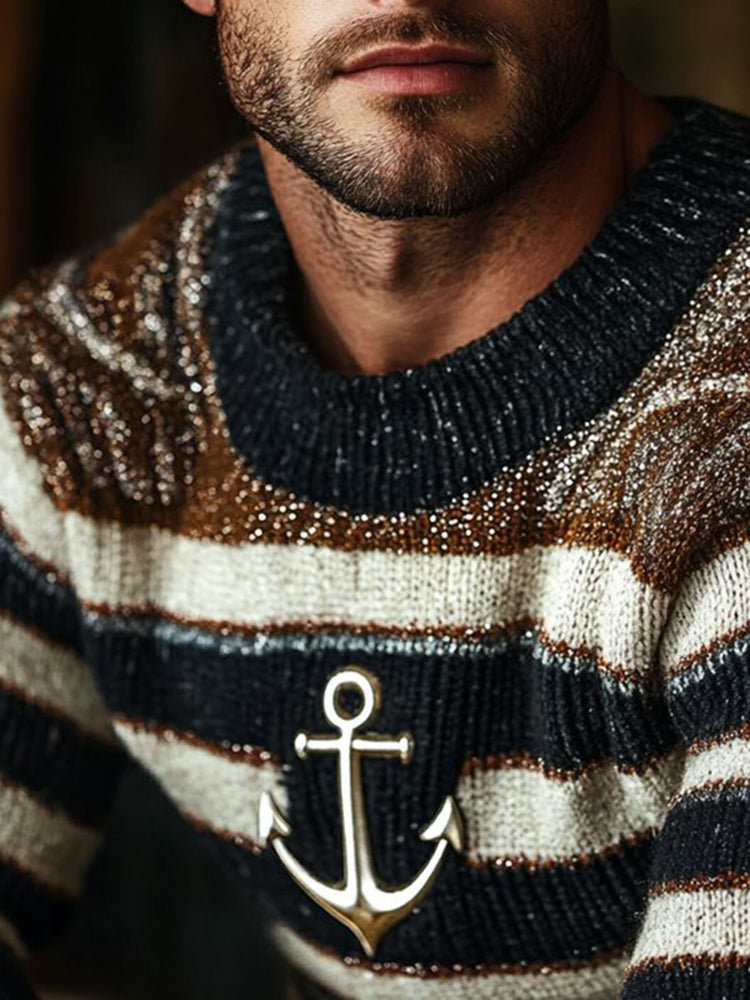 Vintage Anchor Contrast Pattern Warmth Knitted Jacquard Unisex Sweater