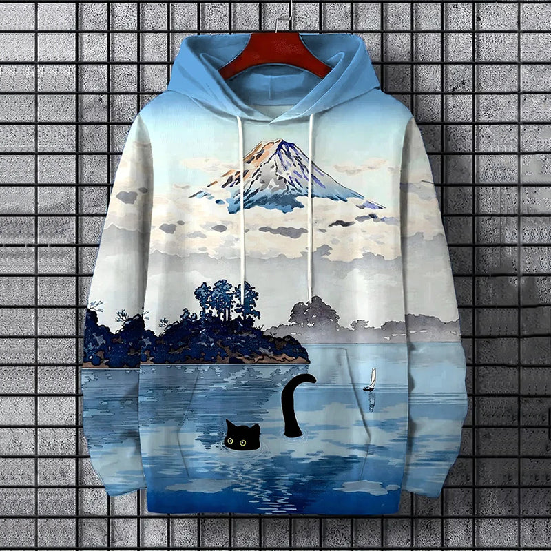 Men's Mount Fuji Cat Lake Landscape Japanese Art Print Hoodie