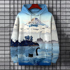Men's Mount Fuji Cat Lake Landscape Japanese Art Print Hoodie