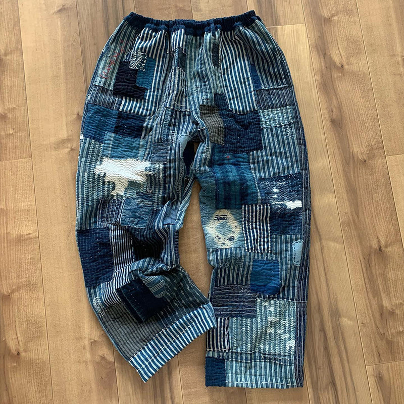 Indigo Striped Patchwork Linen Blend Casual Pants