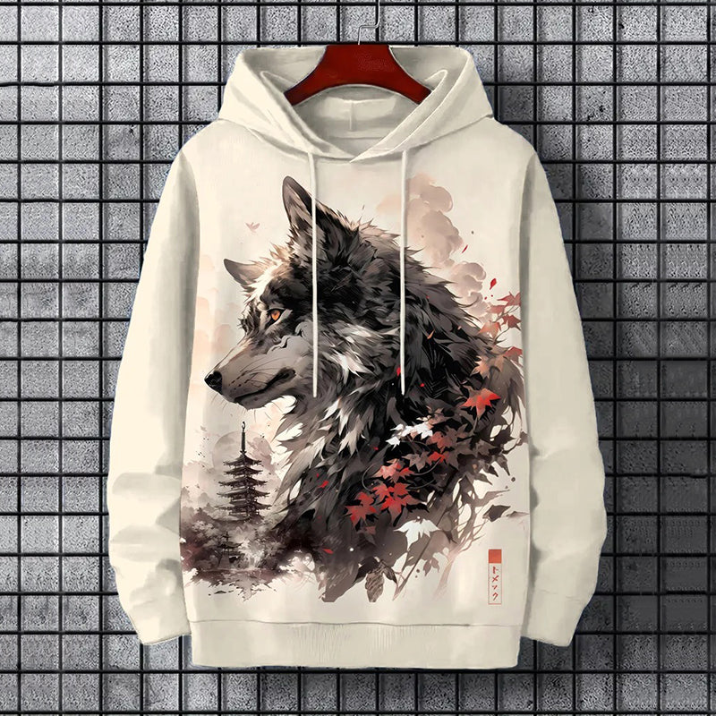 Men's Japanese Wolf Art Print Long Sleeve Hoodie