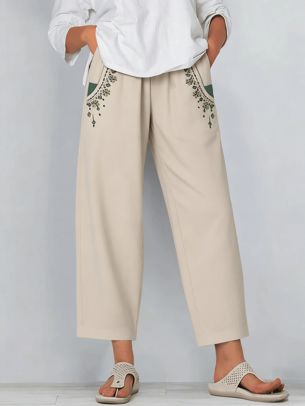Women's Retro Color Block Floral Cotton Linen Pocket Casual Capri Pants