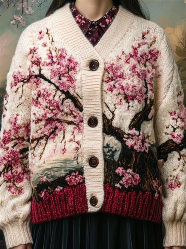 Japanese Cherry Blossom Jacquard Cozy Chunky Cardigan