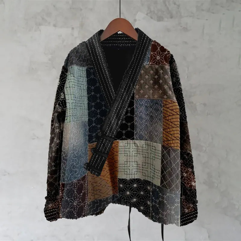 Japanese Sashiko Geometric Patchwork Pattern Women's Kimono
