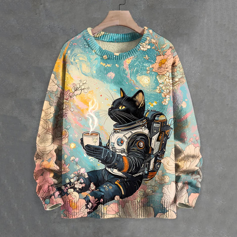 Men's Surreal Futuristic Sci-Fi Art Space Cat Print Knit Sweater