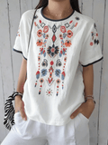 Women's Vintage Floral Embroidered Cotton Linen Short Sleeve Blouse