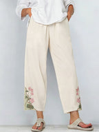 Women's Retro Color Block Floral Cotton Linen Pocket Casual Trousers