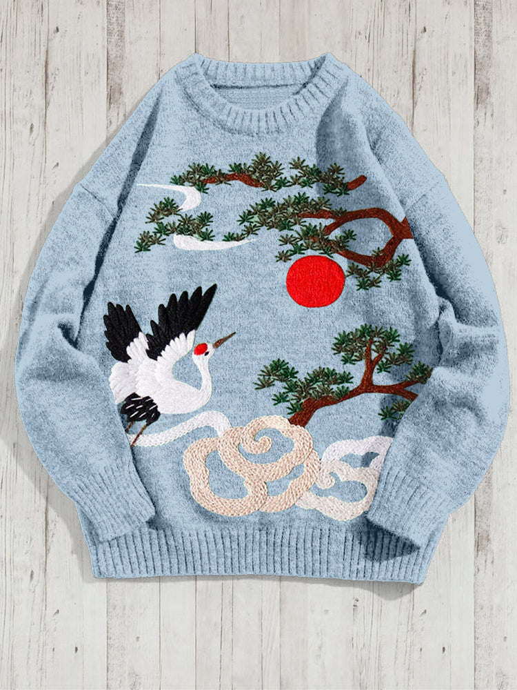 Crane And Pine Embroidered Cozy Knit Sweater