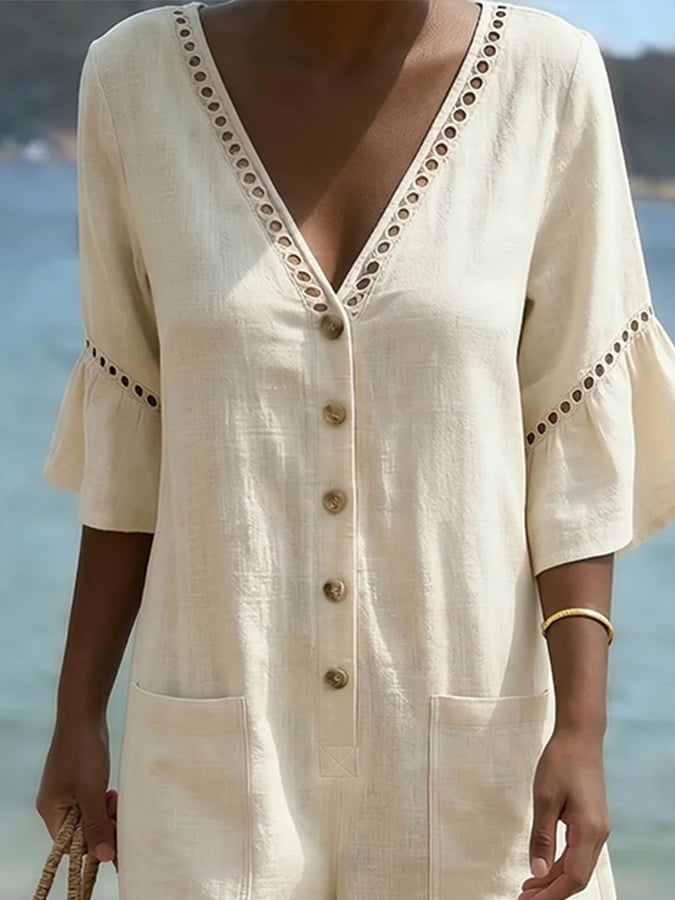 Women's Casual V-Neck Cutout Patchwork Jumpsuit