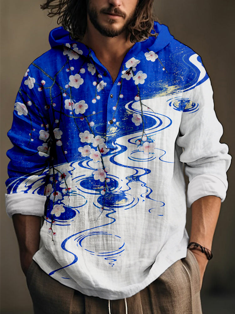 Men's Plum Blossom Japanese Art Linen Blend Hooded Shirt