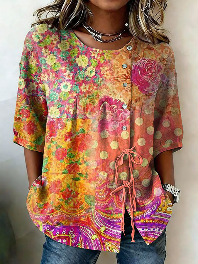 Women's Retro Floral Button Lace Up Tie Shirt