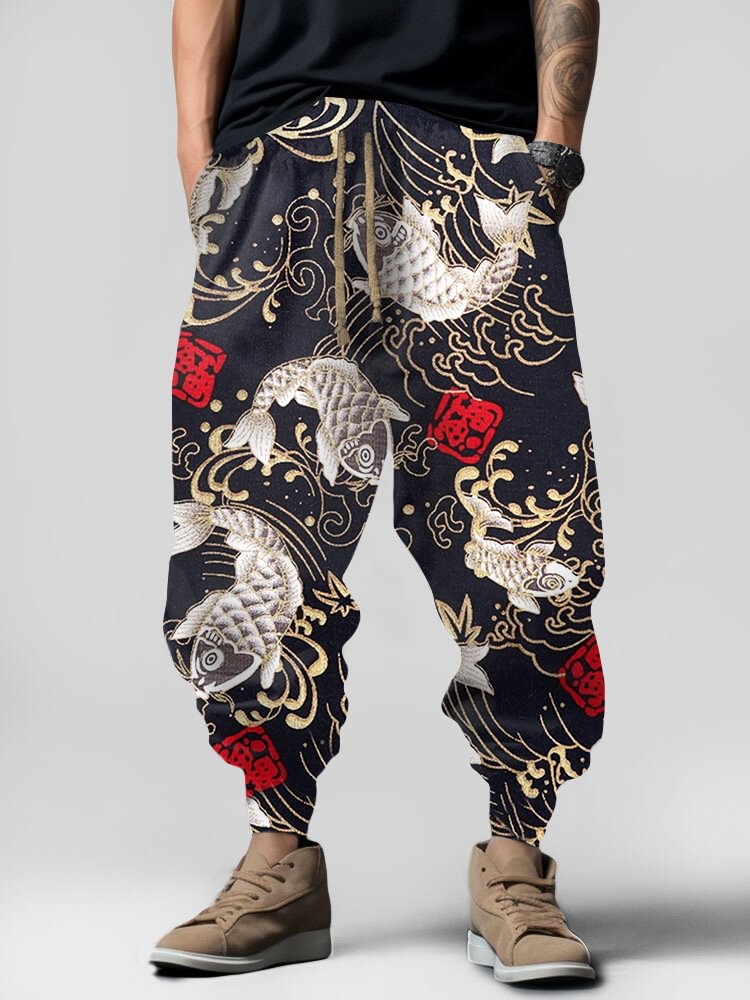 Vintage Japanese Art Carp Element Pattern Casual Loose Drawstring Waist Sweatpants