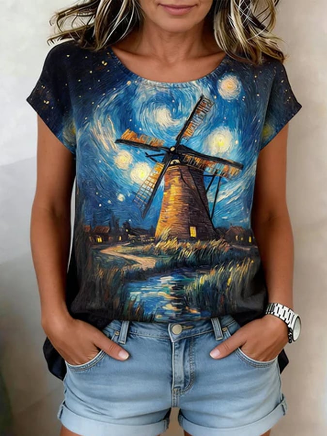 Women's Casual Oil Painting Cotton Linen Print Top