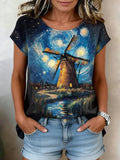 Women's Casual Oil Painting Cotton Linen Print Top
